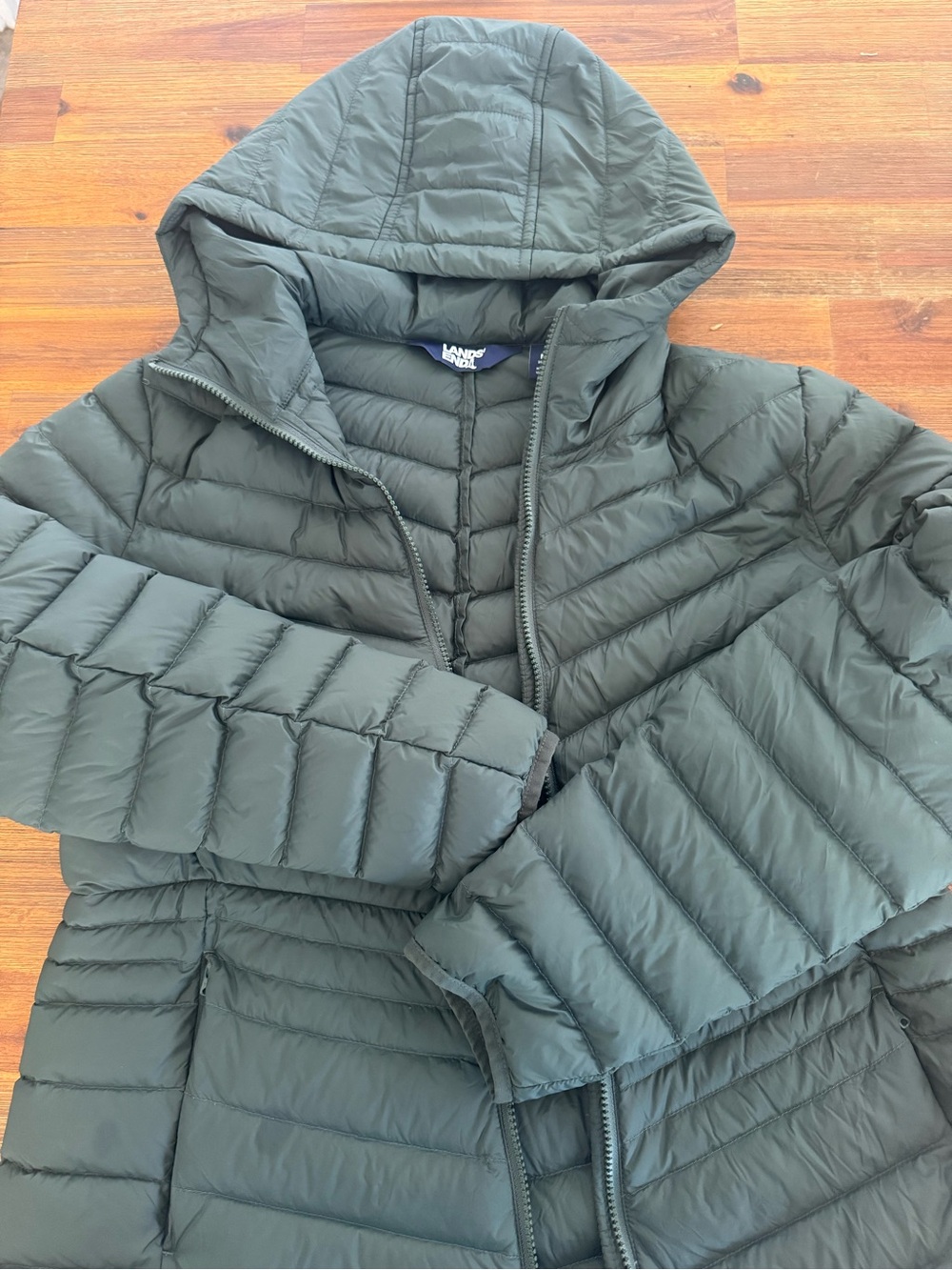 Lands’ End Women’s M 10-12 Packable Down Hooded Puffer Coat Green